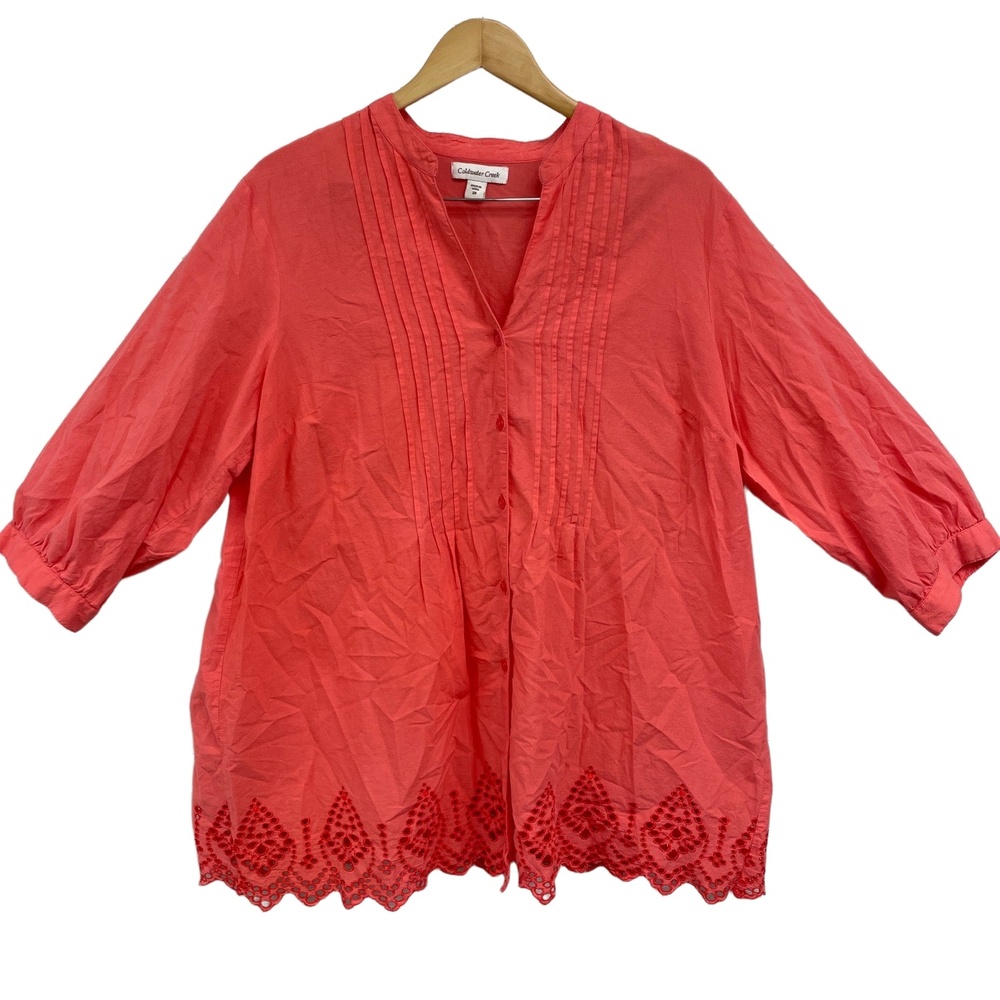 Coldwater Creek Coral 3/4‎ Sleeve Pleated Blouse eyelet Button shirt Tunic 2X